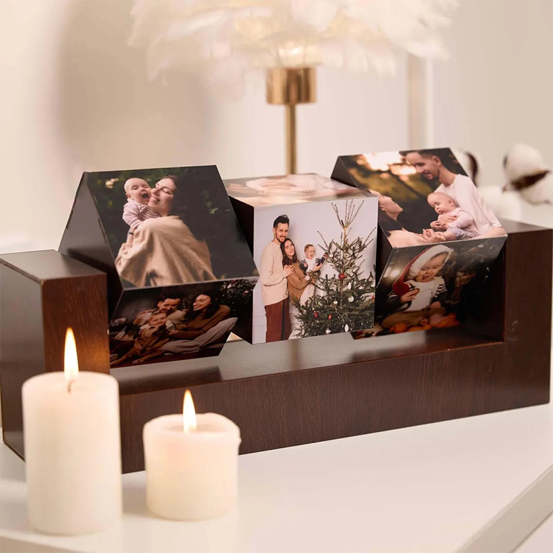 Personalized Valentine's Day Couple Memory Photo Frame Wooden Infinite Rotating Photo Cube Anniversary Wedding Gift