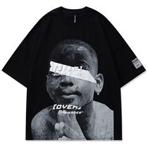 Hip Hop Tide Brand Abi-style Portrait Print Short Sleeve T-shirt Men High Street Couple oversize Black Swear Summer