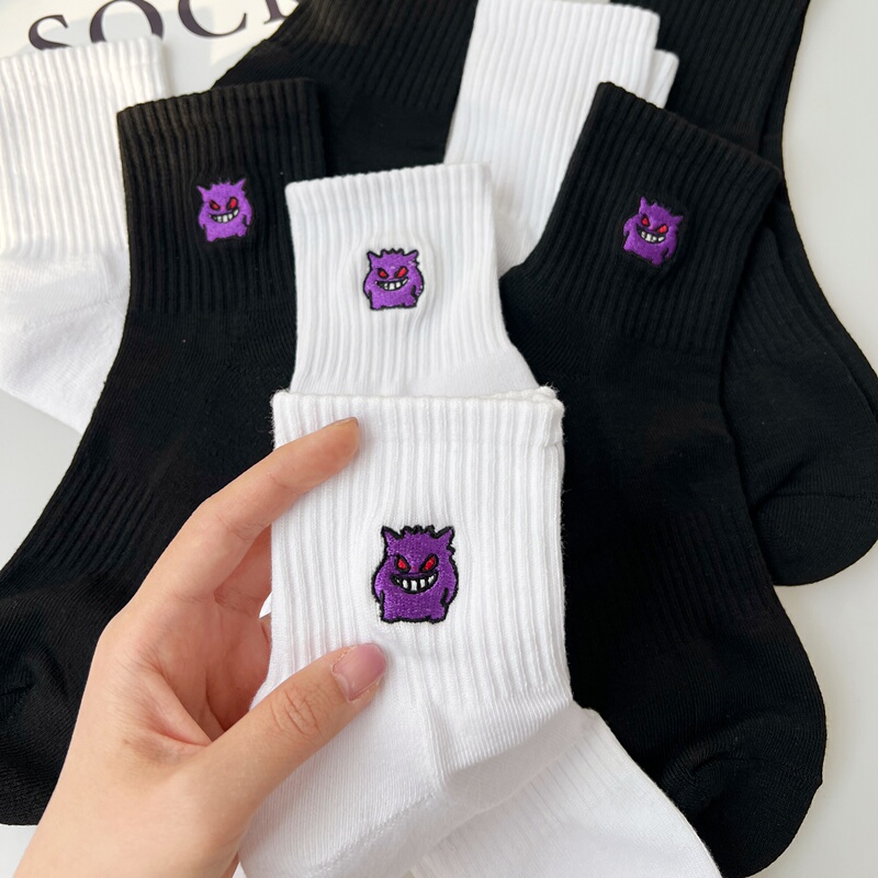 Hhop Gengar Embroidered Socks for Men and Women, Polyester-Cotton Mid-Calf Socks, Sweat-Absorbent and Breathable Sports Socks, Everyday Style, Simple and Versatile