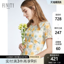 FINITY summer new waist thin openwork lace edge retro style lace printed dress female