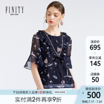 FINITY2021 spring and summer new ear edge perspective top ruffle sleeve large size short-sleeved printed chiffon shirt
