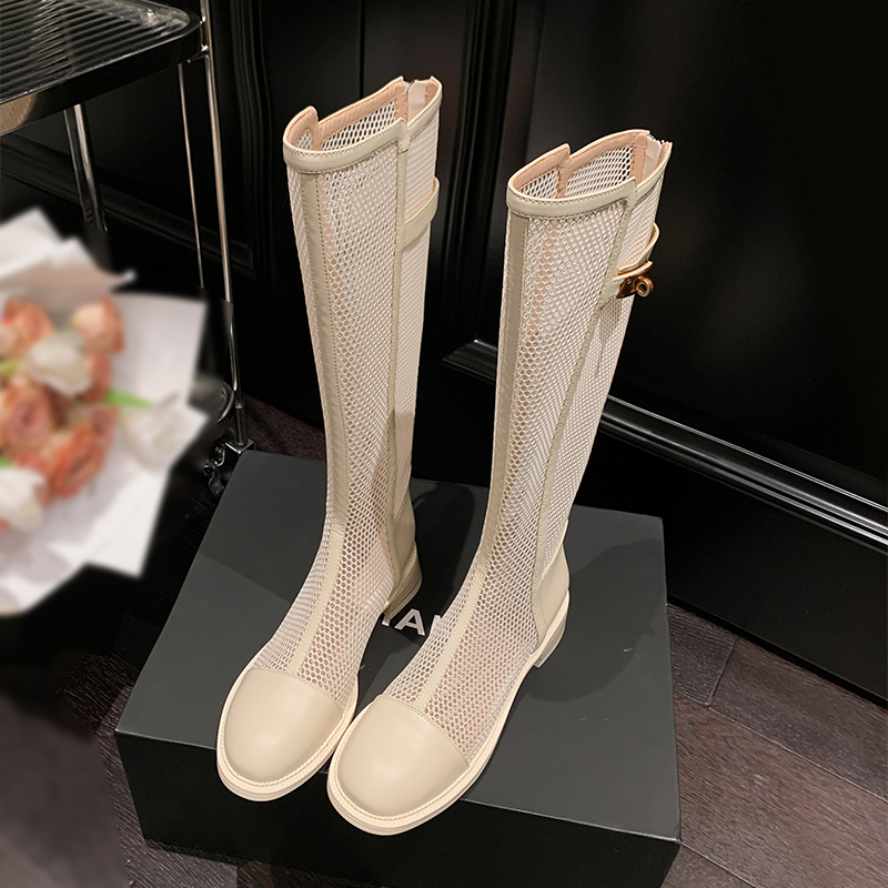 Genuine Leather Slimming Plus-Size Thick-Leg Wide-Calf Mesh Long Boots for Women, Summer Flat White Fashion Mesh Boots, Large Size 4142