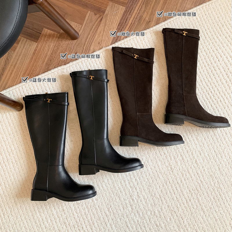 Genuine Leather European and American Style Metal Buckle Boots for Plus-Size Women with Thick Legs, Wide Calf Circumference, Round Toe, Flat-Soled Long Boots, Women's Riding Boots, Large Sizes 41-42 Genuine Leather European and American Style Metal Buckle Boots for Plus-Size Women with Thick Legs, Wide Calf Circumference, Round Toe, Flat-Soled Long Boots, Women's Riding Boots, Large Sizes 41-42