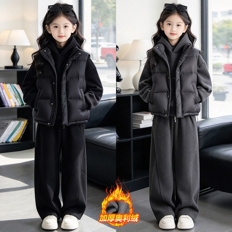 Girls' Autumn and Winter Fleece-Lined Three-Piece Set 2026 Casual Korean Style Medium and Large Children's Suit Vest Sweatshirt Sweatpants Three-Piece Set Girls' Autumn and Winter Fleece-Lined Three-Piece Set 2026 Casual Korean Style Medium and Large Children's Suit Vest Sweatshirt Sweatpants Three-Piece Set