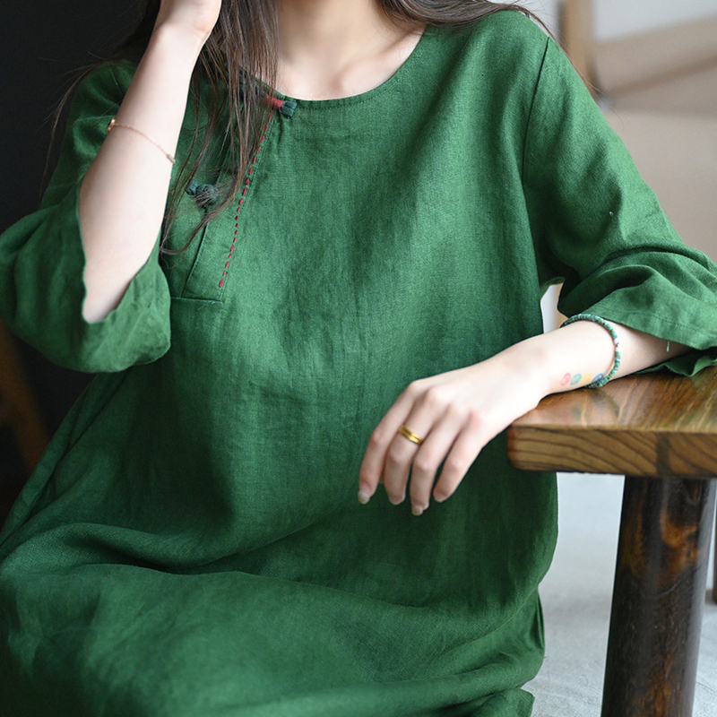 Old Dreams Spring/Summer Cotton and Linen Dress for Women, New Chinese Style Ethnic Mid-Length National Style Loose Linen Modified Robe