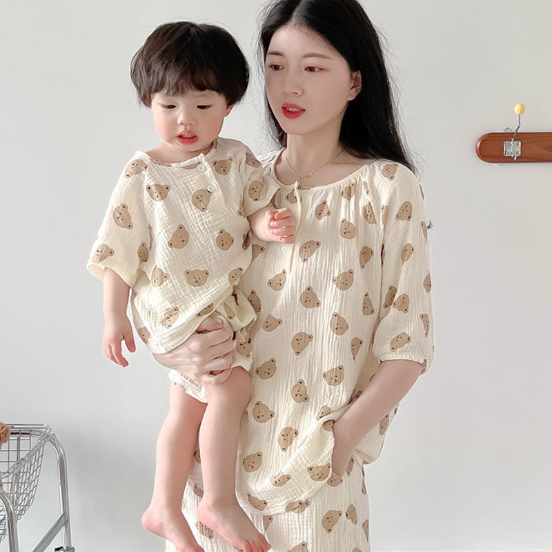 Parent-child suit Summer Sleeping Han version gauze Mother and son Cartoon Loose home Short Sleeve Mother Lady Air Conditioning Wear-Taobao