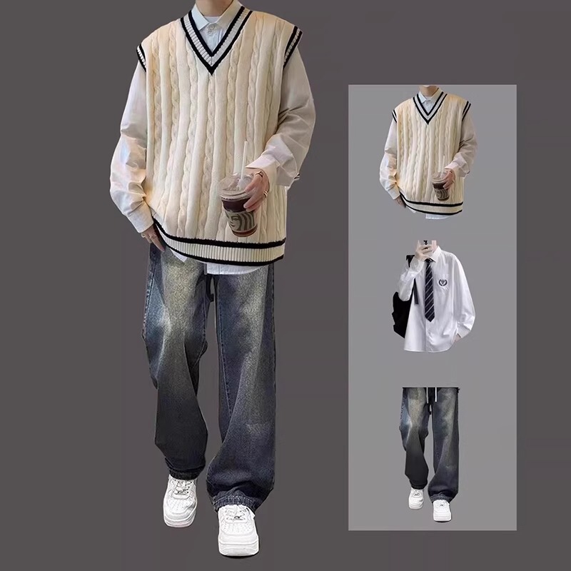 Japanese-Style Trendy Sweater Vest for Men, Spring and Autumn Sleeveless Vest Set, College Style Loose Fit, Knitted Sweater Set