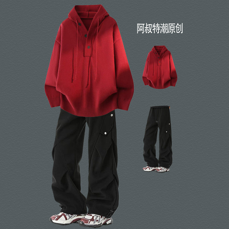 New Year's Red Hooded Sweater, Boys' Knitted Sweater, Autumn and Winter Casual Outfit, Lazy Style Outfit, Two-Piece Set for Teenagers