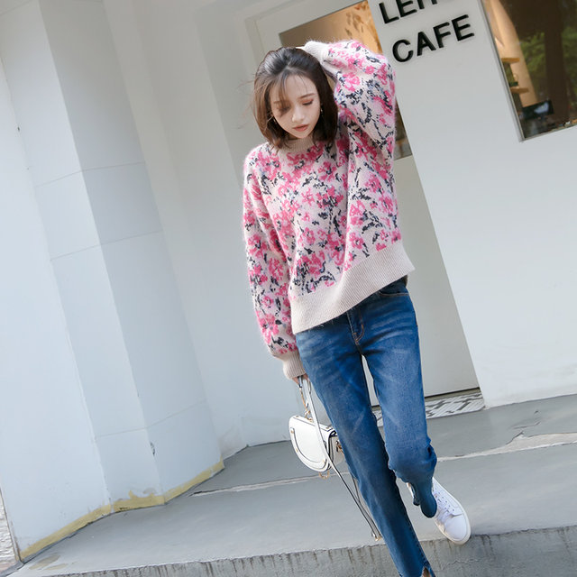 810-169 ຢວນ ສົ່ງຟຣີດອກ Jacquard Rabbit Fur Plush Pullover Knitted Sweater Round Neck Long Sleeve 3 Colors