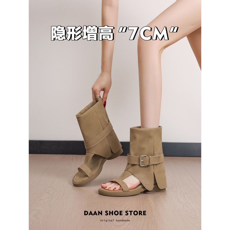 Genuine Leather Korean Style 7cm Height-Increasing Buckle Open-Toe Sandals for Women, New Summer Niche Roman Short Boots