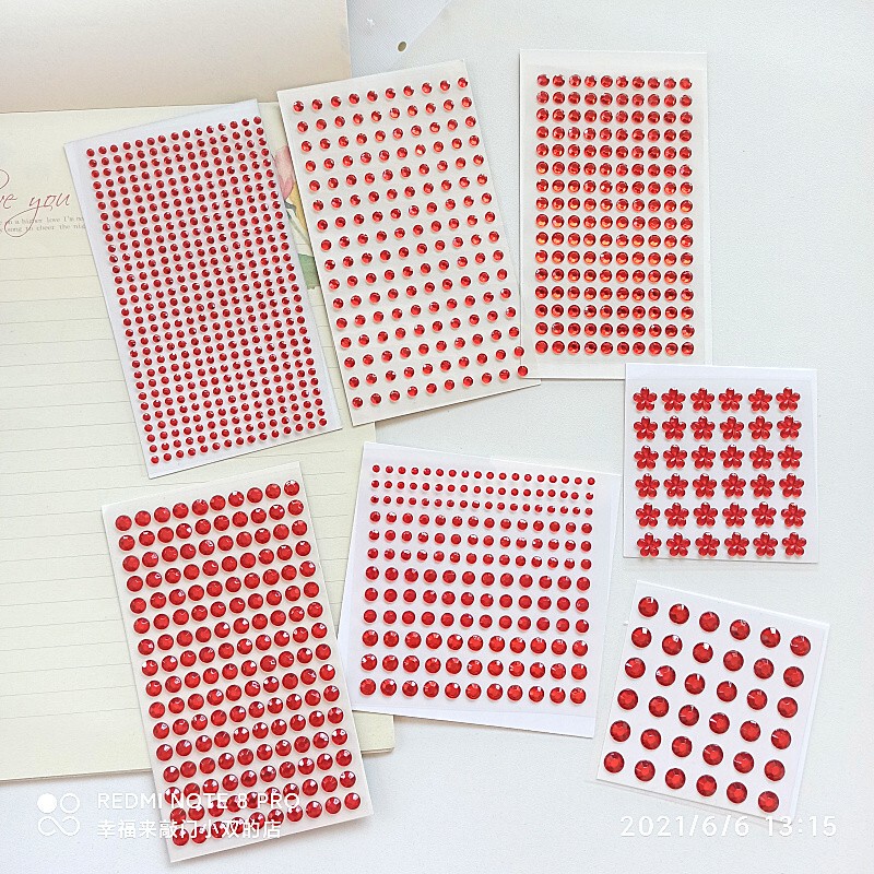 Beautiful Acrylic Red Rhinestones 3-4-5-6-8mm Double-Sided Adhesive Base Decorative Face Stickers DIY Single Round Rhinestones