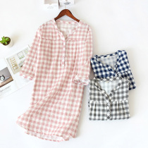 Summer unprinted Plaid control female college students nightgown cotton yarn pullover 7-point sleeve loose middle skirt with fresh button