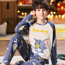 Children's pajamas boy with long sleeves in spring and autumn and pure cotton big boy 12 years old 15 teenagers 13 home clothes autumn payment