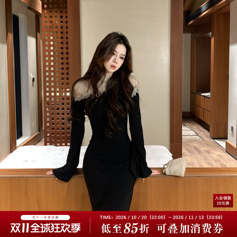 Muzi Li's Elegant and Cool Style Lace Patchwork Long-Sleeve Knit Dress, Slim-Fit Mermaid Long Dress for Women