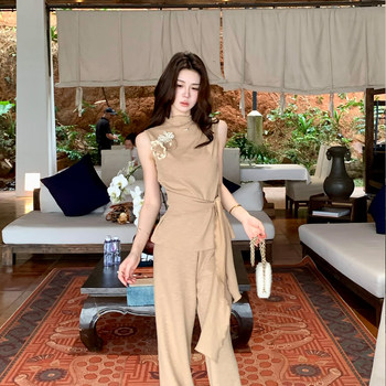Muzi li's li xin ແບບຈີນ lazy style sleeveless lace-up waist top drapey wide leg pants knitted suit for women summer
