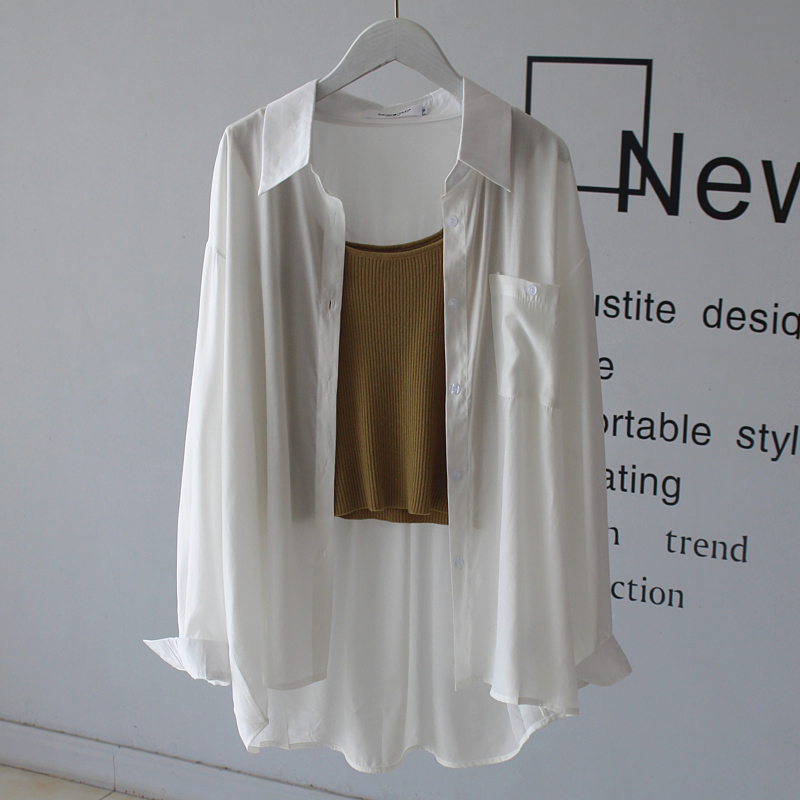 Hip-Covering, Lazy-Style Outerwear Shirt, Sun Protection Shirt for Women, Can Be Worn in Spring, Summer and Autumn, Cotton Shirt, Breathable White Shirt