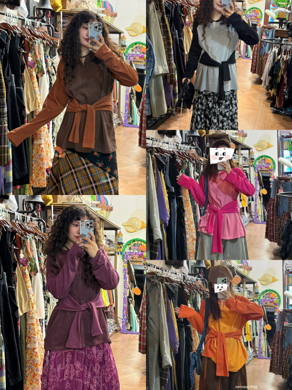 Nervous Frog Original Retro Artistic Relaxed Style Lace-Up Waist Slimming Long-Sleeve Top T-Shirt