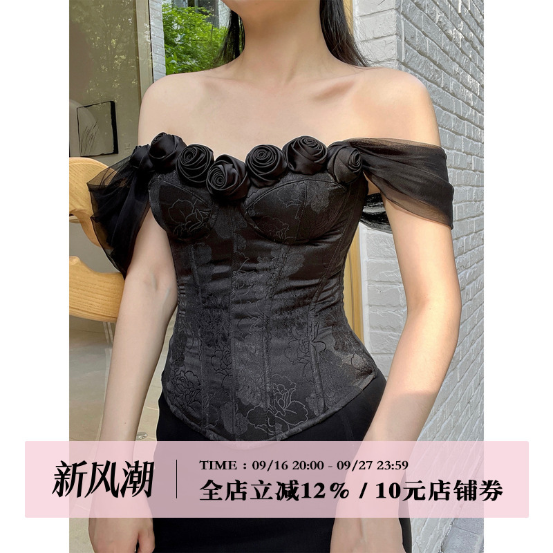 Sorozien [Yu Mo] Original Design French Retro Black Rose Fishbone Corset Camisole Top