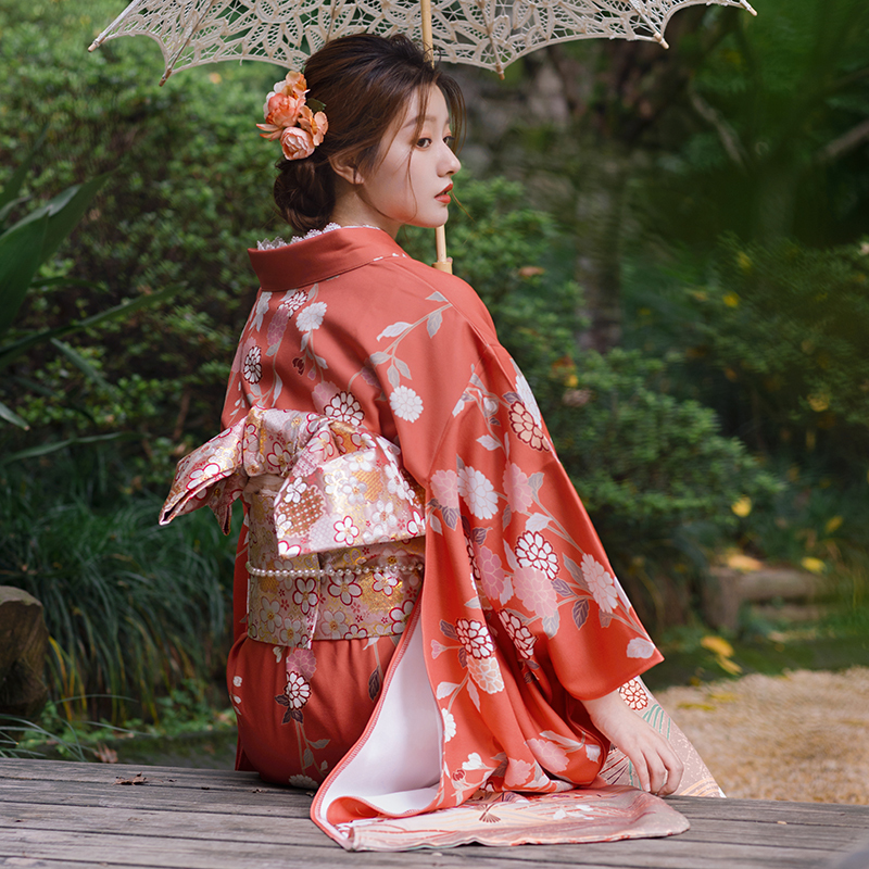 Japanese Retro-Style Gorgeous Small Obi, Single-Layer Modified Kimono for Photography, Travel Photography, and Portrait Photography, Orange Chrysanthemum Water Pattern Japanese Retro-Style Gorgeous Small Obi, Single-Layer Modified Kimono for Photography, Travel Photography, and Portrait Photography, Orange Chrysanthemum Water Pattern