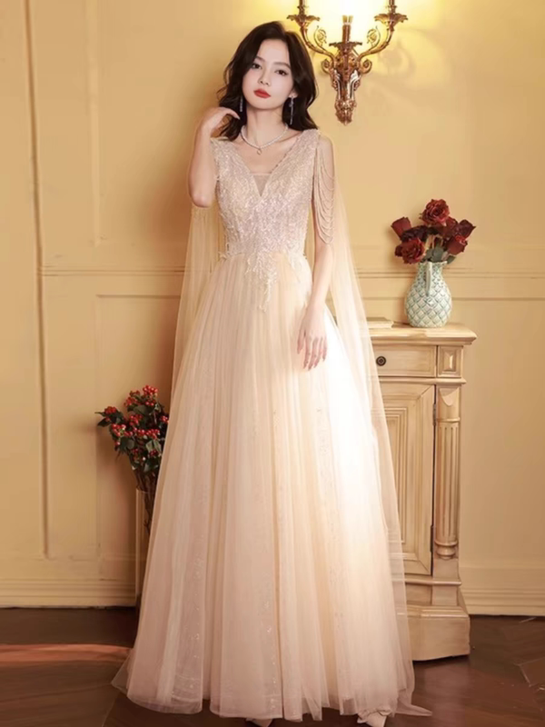 Champagne-Colored High-End Evening Dress for Women 2026 New Style Stage Host Elegant V-Neck Choir Stage Conductor Dress Champagne-Colored High-End Evening Dress for Women 2026 New Style Stage Host Elegant V-Neck Choir Stage Conductor Dress