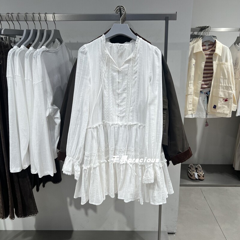 Ur&Dc Women's Spring New Casual Textured Lace-Up Puff Sleeve Short Skirt Thin White Long-Sleeved Dress ins