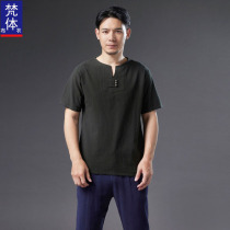 Summer slim Breathable Cotton Linen Short Sleeve T-shirt Male Blouse China Wind Retro Meditation Mantra Mantra Tea Service Compassionate