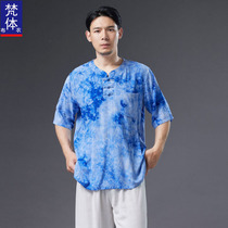 Summer men catch dye printed short sleeves T-shirt Chinese wind loose leisure half sleeves Zen disc buckle cotton linen compassionate blouse