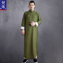 Long-shirt male Republic of China Mandarin Vest Peach Leather Satin Chinese Wind Skew-in-the-Costume Gowns Retro Chinese Style Mens Clothing Robes