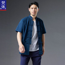 Tang Loaded Mens Summer Short Sleeve Blouse China Wind Pan Buttoned Collar Pair Flap Shirt Retro Linen Cloth Linen