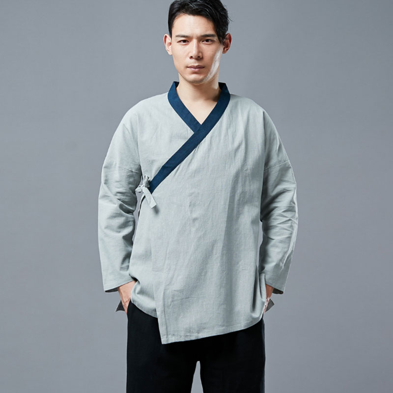 Spring and summer Chinese style linen men's slanted lapel Hanfu ethnic style Zen Buddhist robe kimono long-sleeved cotton and linen top