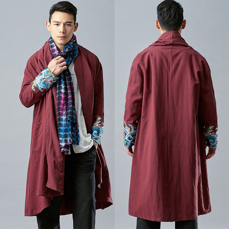 Ancient Feng Embroidery Linen Dress Men Chinese Hanghai Sweater Men Spring Cotton Linen