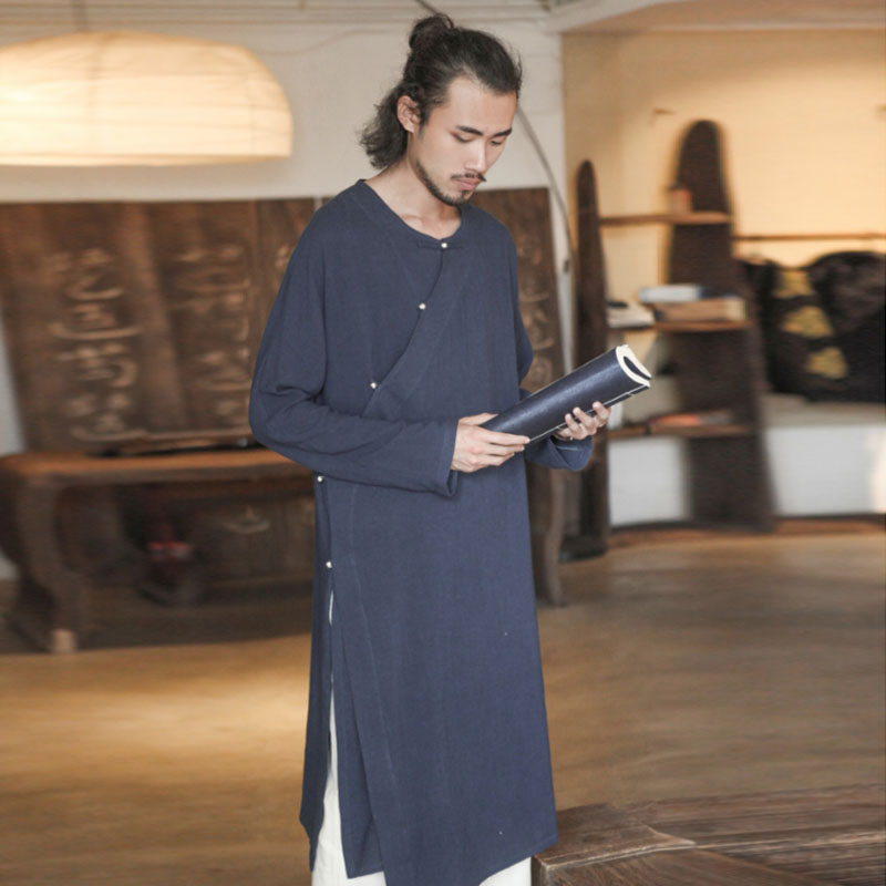 Chinese ethnic wind retro male clothing linen Republic of China Mr. Calligraphy Long Gown Zen Mantra Mantra Mantra Mantra Mantra