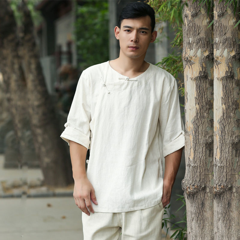 Chinese style linen men's round neck Tang suit T-shirt Chinese style retro button three-quarter sleeve ethnic style Hanfu men's top