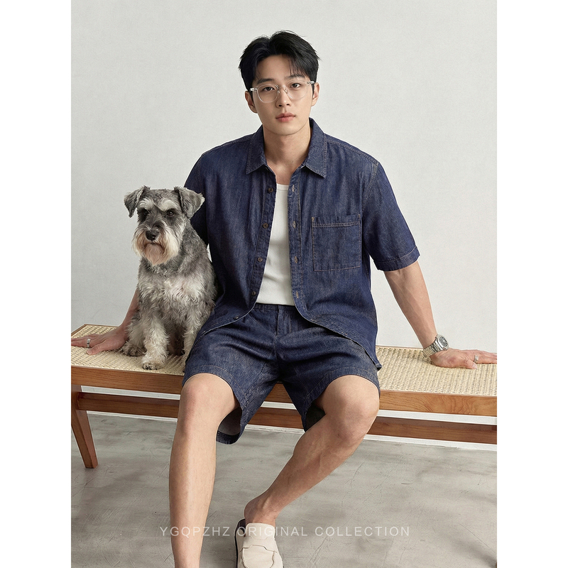 Imported Mulberry Silk Cotton Soft Washed Denim Short-Sleeve Shirt Men's Casual Sports Suit Men's Shorts