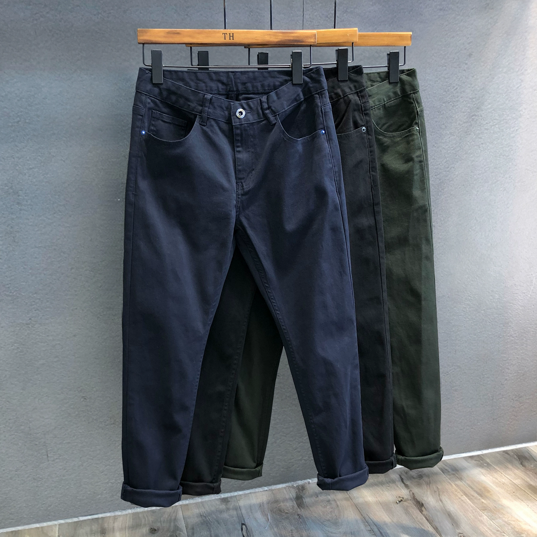 Cổ điển và thoải mái tất cả các trận đấu quần năm túi cơ bản nam chân mỏng Phiên bản Hàn Quốc của xu hướng quần dài màu xanh sapphire - Crop Jeans