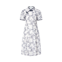 Jiuzi Annako New Chinese Style Elegant Beaded Lace Print Cheongsam Dress Women 2024 Summer New Style