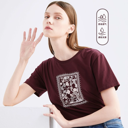JUZUI/玖姿 Брендовая летняя хлопковая футболка, 2020, с вышивкой