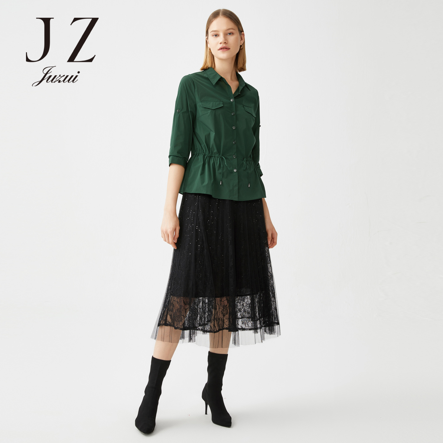 JUZUI Jiuzi 2021 spring new green simple thin section drawstring waist casual blouse jacket