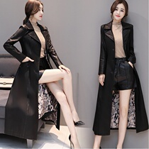  Plus cotton piu leather windbreaker womens mid-length over-the-knee 2020 autumn and winter new temperament slim large size leather jacket tide