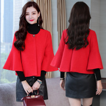  Flared sleeve woolen coat womens short autumn and winter new short man tall three-quarter sleeve cape A-word woolen coat