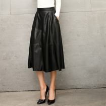  PU leather skirt womens mid-length over-the-knee thin 2020 spring and autumn new high-waist A-line puffy umbrella skirt leather long skirt