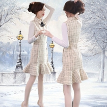  Autumn outer wear vest skirt womens mid-length temperament autumn and winter new plaid two-piece woolen vest dress