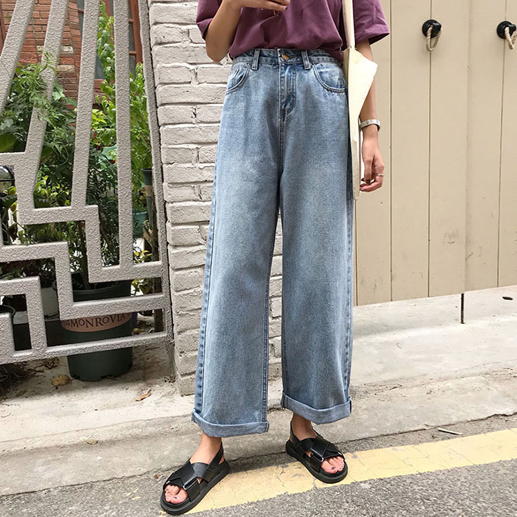 Đề nghị mùa thu cực đơn giản retro cũ rửa cao eo xanh là quần lửng ống rộng cạp cao quần jean nữ rách