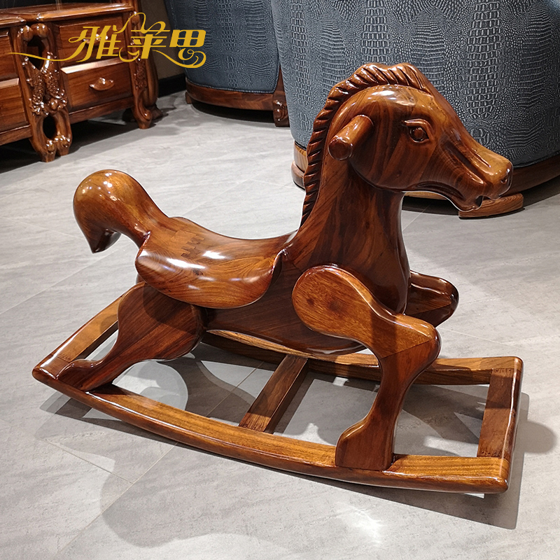 Black gold wood children's solid wood wooden horse rocking horse one-year-old baby birthday gift adult can sit on toy gift rocking chair