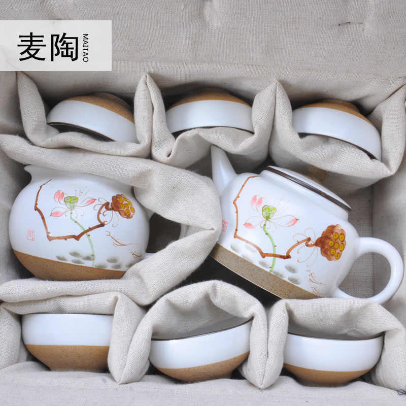 Portable travel jingdezhen hand - made MaiTao cotton and linen cloth kung fu tea set a pot of six cup receive bag crack cup