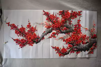 Meiqi Painting Academy Four feet 1 4*0 7 meters flowers and birds pure hand-painted Chinese painting calligraphy and painting plum blossom red plum professional painter