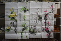 Meiqi Painting Academy Four Screens 1 1*0 35m Flowers Birds Landscapes Plum Orchid Bamboo and Chrysanthemum Characters Purely Hand-painted Chinese Painting Gallery