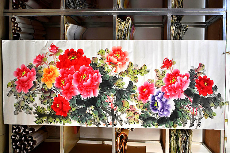 Meiqi Painting Academy small six feet 1 8 * 0 7 meters flower and bird boutique peony, bamboo, flowers, rich and noble pure hand-painted