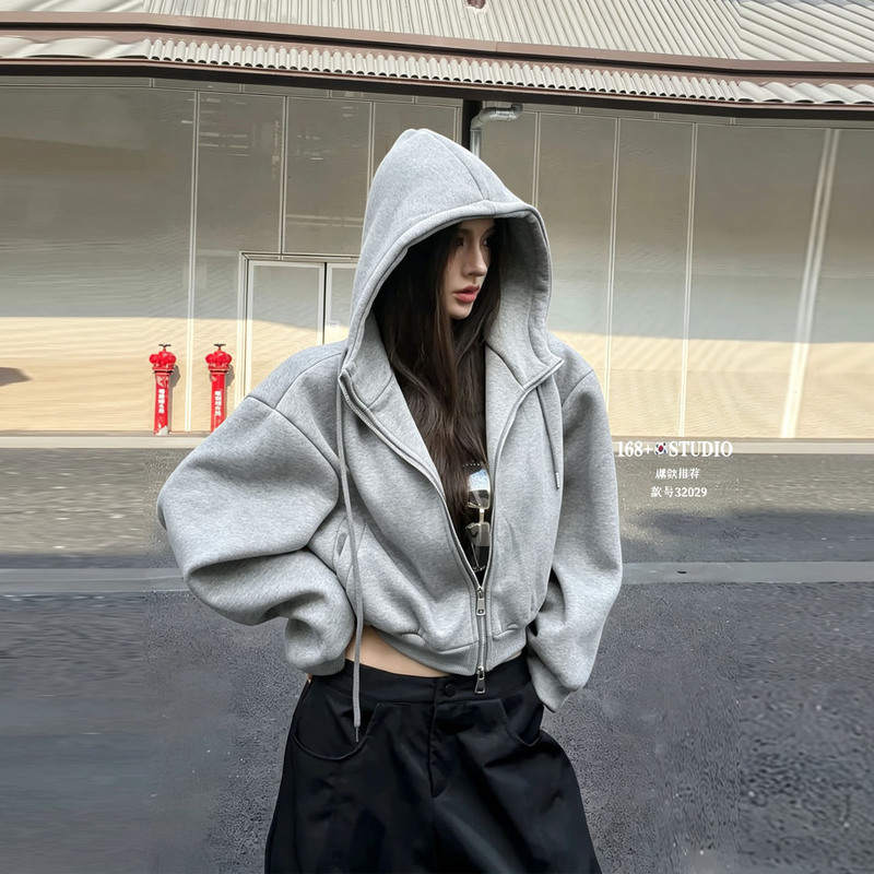 Short Hooded Sweatshirt Jacket for Women, American Style, High-Waisted, Loose, Simple, 2026 Autumn and Winter, Fleece-Lined, Double Zipper, Hot Girl Cardigan