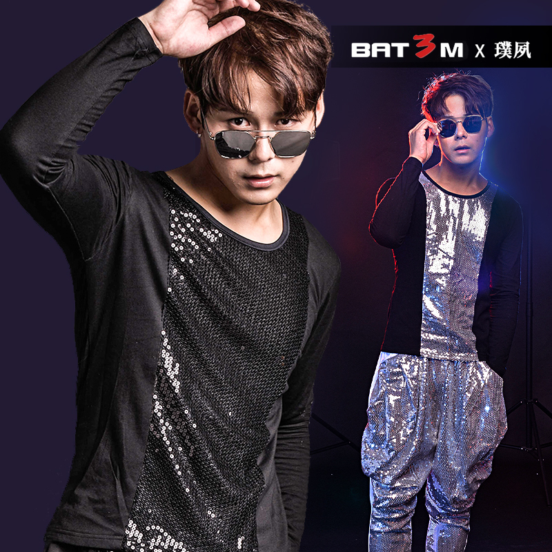 3m Danny 2021 Autumn Round Neck Slim Fit Sequined Long Sleeve T-Shirt Casual Fashion Top Men's Black Performance Clothing